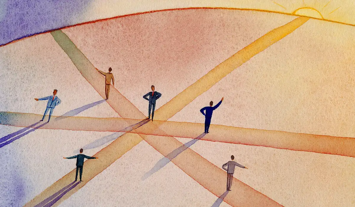 At intersection of paths, people debating which way to go - illustration